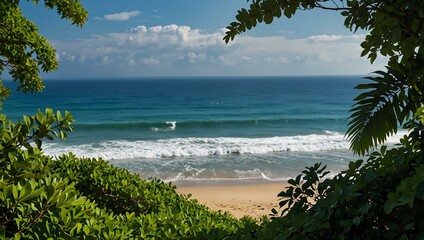 Peaceful ocean view with green leaves.