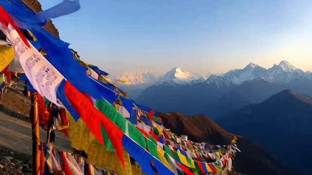 Vibrant video of Buddhist prayer flags fluttering in the wind in the Himalayas during Vesak. Colorful flags carrying prayers across the mountainous landscape. Generative AI