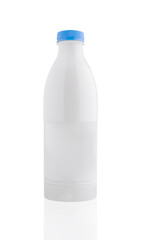 White plastic bottle with blue cap standing on white background