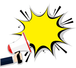 Hand holds megaphone bullhorn.Advertising banner with megaphone. Announcement of news, sales, special offer, sale, discount. Loudspeaker announces