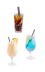 Three colorful cocktails with straws are standing on a bar countertop