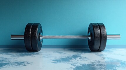 A barbell rests on a surface against a blue wall.