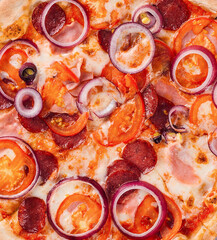 Delicious hot pizza with melting mozzarella cheese and pepperoni being served for lunch