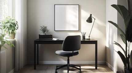 Minimalist home office workspace featuring a black desk, modern chair, and a single piece of decor, like a framed art print. Sunlight streaming through a nearby window
