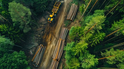 Logging Truck Hauling Timber Through Dense Forested Landscape