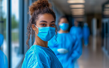 A female student wearing blue scrubs and a face mask stands in a hospital hallway, surrounded by other students.