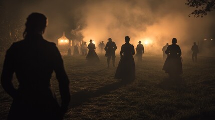 A ghostly Halloween reenactment at an American Civil War battlefield with actors in period costumes