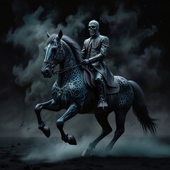 Detailed medium shot of the cosmic Grim Reaper riding an obsidian glass horse filled with swirling smoke