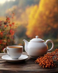 Fototapeta premium Elegant Teapot and Cup with Autumn Background