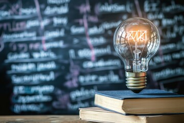 Glowing Lightbulb on Book with Chalkboard