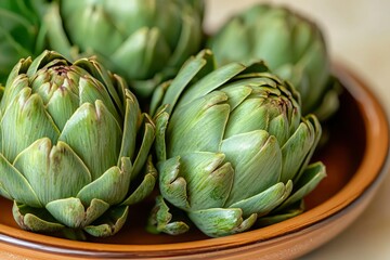 Obraz premium Close-up of Green Artichokes in a Brown Bowl