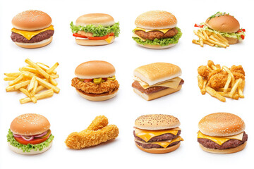 All Fast Food collection set, isolated on white background. Fried chicken, fries, hamburger, turkey, hotdog, sandwich, chicken nuggets, shawarma. Junk food of Fast Food set. Closeup of fast foods.