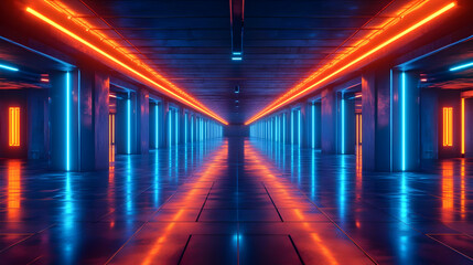 Neon Lights Corridor 3D Illustration