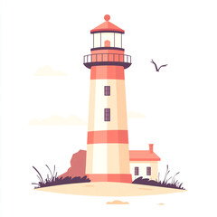 Flat design illustration of a lighthouse, with a white background, in a simple and minimalistic style. 