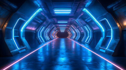 Futuristic Corridor with Neon Lights 3D Illustration