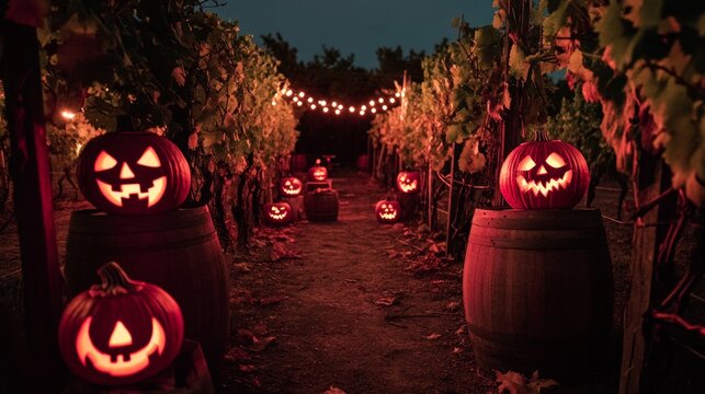 A Halloween-themed American wine tasting event in a haunted vineyard with spooky decor