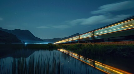 Obraz premium Night Train Journey Through Wetland - High Resolution 8K UHD Shot with Motion Blur Light Trail