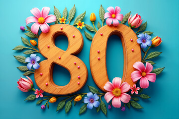 80th birthday card. Large, wooden number 80 surrounded by colorful flowers and leaves, creating a vibrant and celebratory atmosphere.