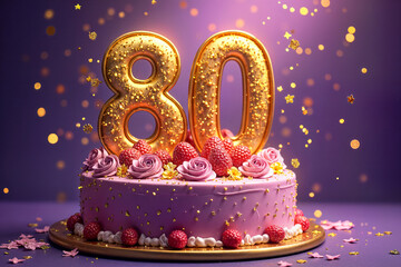 80th birthday card. Large, round birthday cake with the number 80 prominently displayed on top. The cake is decorated with pink frosting and gold glitter, and it's surrounded by small pink roses.
