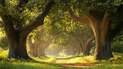 Fototapeta premium Enchanting Pathway Through Dense Woodlands Path in a tropical forest with bright sun rays. 