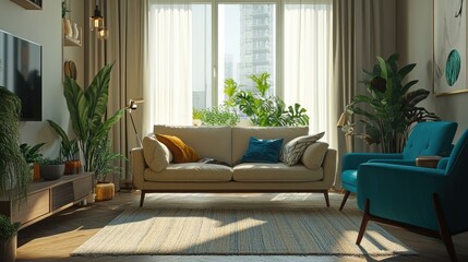 Modern interior design of cozy apartment, living room with beige sofa, turquoise armchairs Room with window