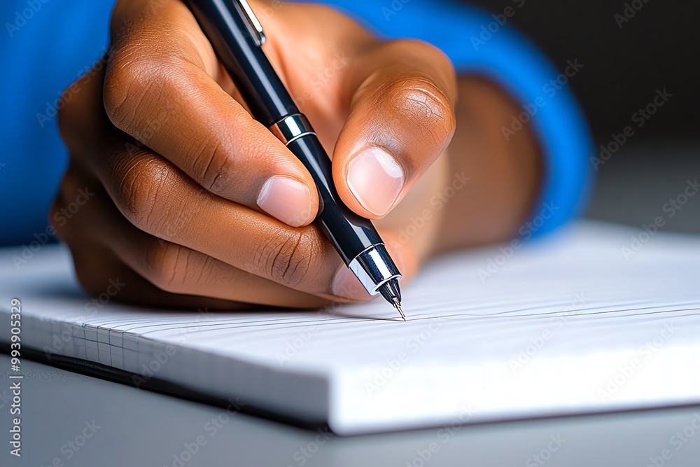 Poster A close-up of a hand holding a pen, writing carefully in a lined notebook with pages filled with notes