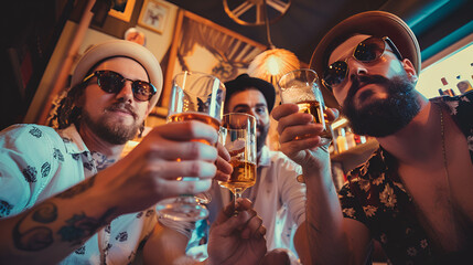 Whiskey. Group of friends guys with glasses of wine