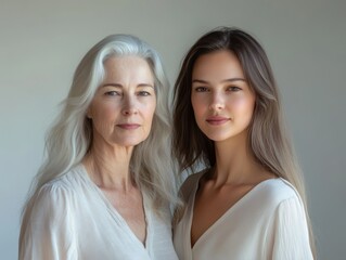 Portrait of two beautiful women, one older and one younger, standing in a relaxed pose, their expressions soft and serene