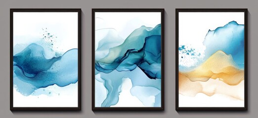 Set of Three Vertical Abstract Art Paintings with Blue and Teal Watercolor in Minimalist Frames, Decorative Wall Art on Grey Background