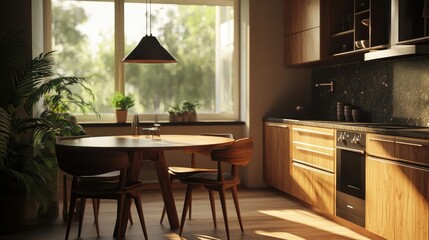 Modern interior design of wooden kitchen with round dining table and chairs near window, dining table and chairs