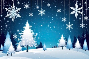 Naklejka premium Magical Winter Wonderland featuring Snowflakes Frosty Trees and Sparkling Stars in Soft White and Icy Blue