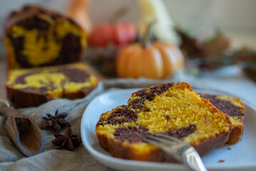 Serving board with pumpkin marble cake slices