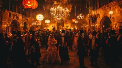 A haunted Halloween masquerade ball at an old American castle with guests in elaborate gothic outfits