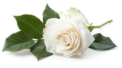 White rose and leaves isolated on white background