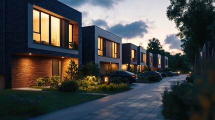 Fototapeta premium Modern minimalist modular private townhouses with brick cladding Residential architecture exterior illuminated in the evening