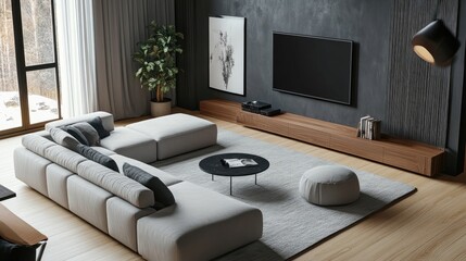 Modular corner sofa against tv Minimalist interior design of modern living room