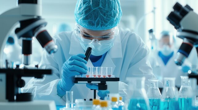 Close-up of lab technician analyzing biopsy sample, laboratory research, colorectal cancer, biopsy analysis
