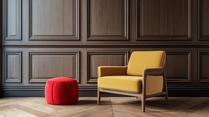 Mustard color armchair and red pouf against paneling wall Minimalist interior design of modern living room