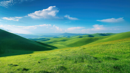 Fototapeta premium Vast green landscape under a bright blue sky