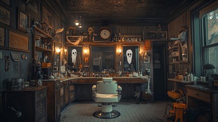 Fototapeta premium A spooky Halloween barbershop in an old American town with vintage decor