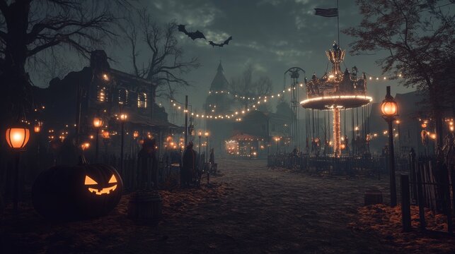 A spooky Halloween carnival in an American ghost town with eerie rides