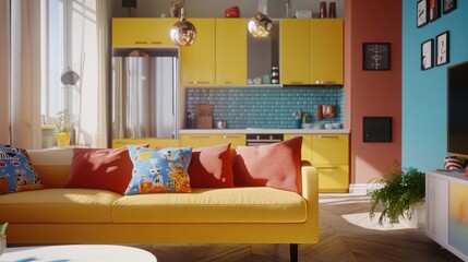 Playful interior design of studio apartment, modern living room and kitchen