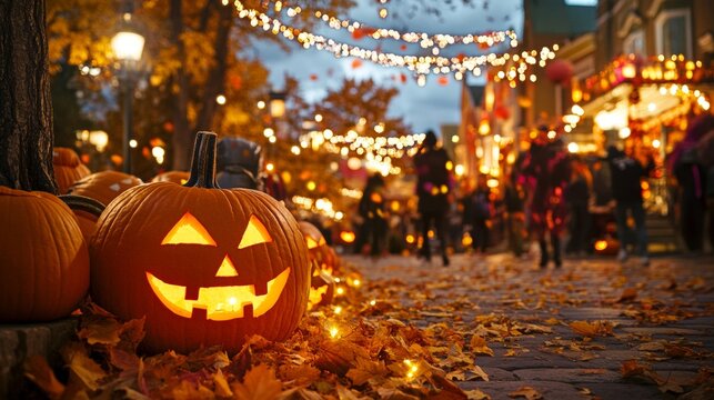 A vibrant street festival in America with jack-o-lanterns spooky decorations