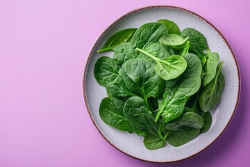 A plate of fresh spinach leaves on a purple background