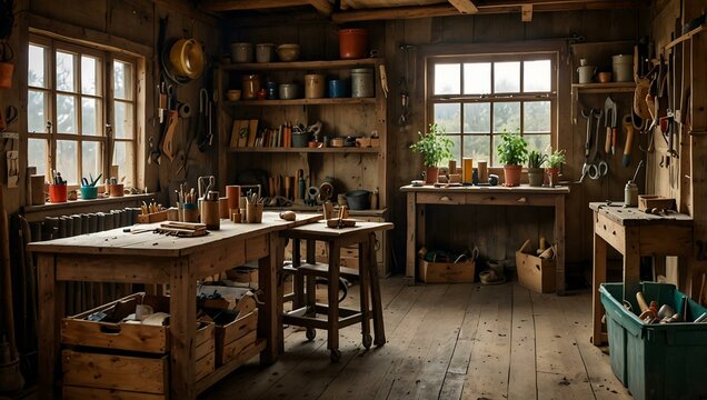 Rustic workshop filled with tools and wooden crates.