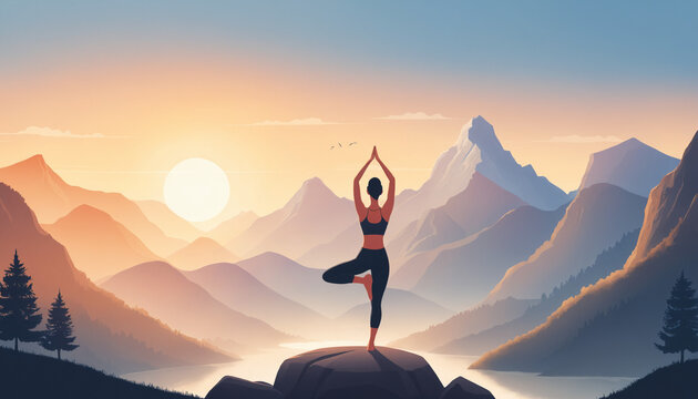 Illustration femme silhouette position yoga relaxation zen nature ext&eacute;rieur montagne paysage soleil levant couchant session sport.
