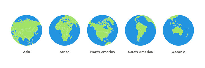 Earth map globe icon set with five continents transparent background. continents front facing green and blue color asia, africa, north america, south america, oceania.	