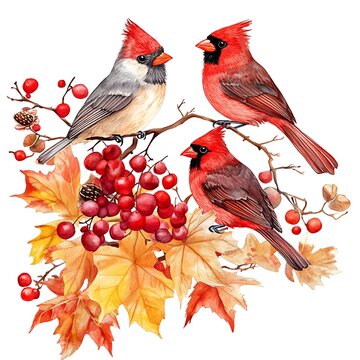 recommend clip art: Watercolor Illustration of Three Cardinals on a Branch with Autumn Leaves.