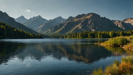 Scenic lake surrounded by mountains.