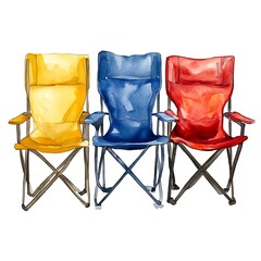 Watercolor Illustration of Three Colorful Folding Chairs.